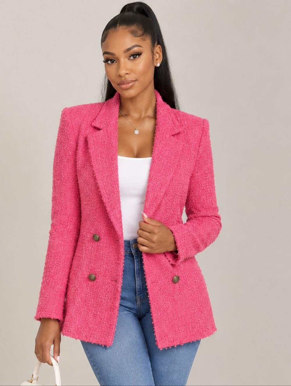 Zara Pink Tweed Structured Blazer Pink Gold Buttons Fringe Hem Satin Lined Small